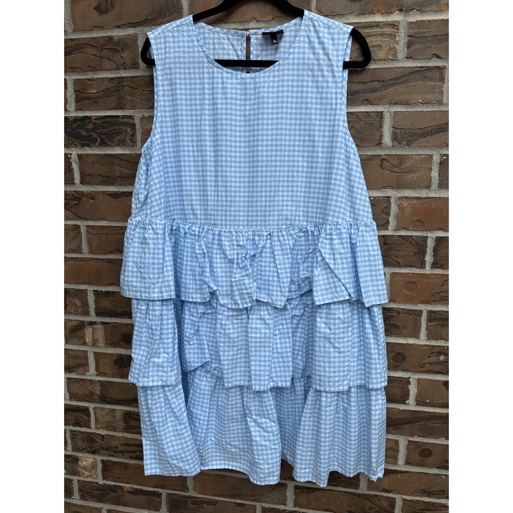 Who What Wear Womens XL Blue Gingham Tiered Mini Dress Sleeveless Ruffle Cotton - Picture 2 of 5